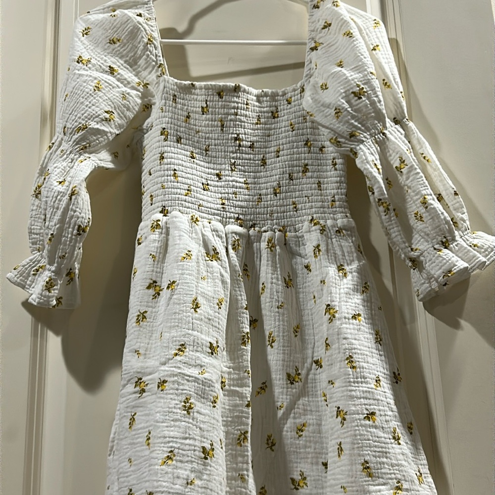 Kourt floral smock tube elastic puff ruffle sleeve mini waffle gauzy dress sz S